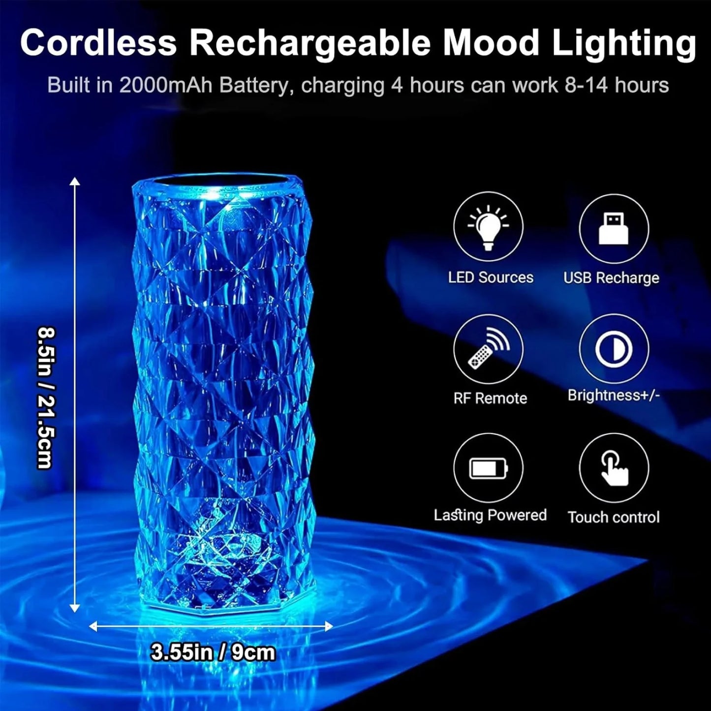 Crystal Diamond Touch Lamp – 16 Color LED Night Light with Remote